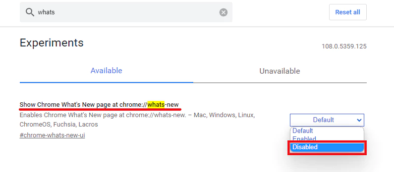 Show Chrome What&#39;s New page at chrome://whats-new 항목 disabled