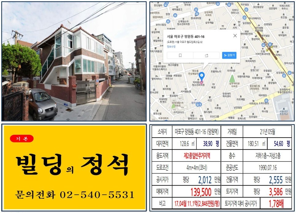  [마포구 망리단길 10억 꼬마빌딩 실거래가 조회] 망원동 401-16 (망원역) 13억 9,500만 원, 평당 3,586만 원 매매되었습니다.