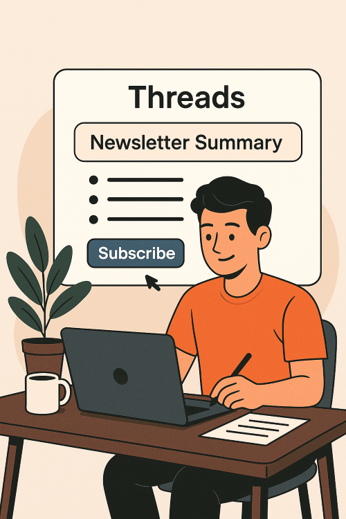 Threads에서 뉴스레터 요약을 작성하며 구독을 유도하는 남성을 묘사한 그림
