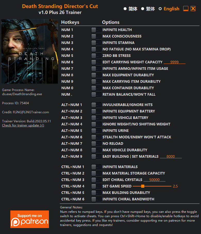  [트레이너] 한글판 데스 스트랜딩 디렉터즈 컷 영문판 Death Stranding Directors Cut v1.0 Plus 26 Trainer