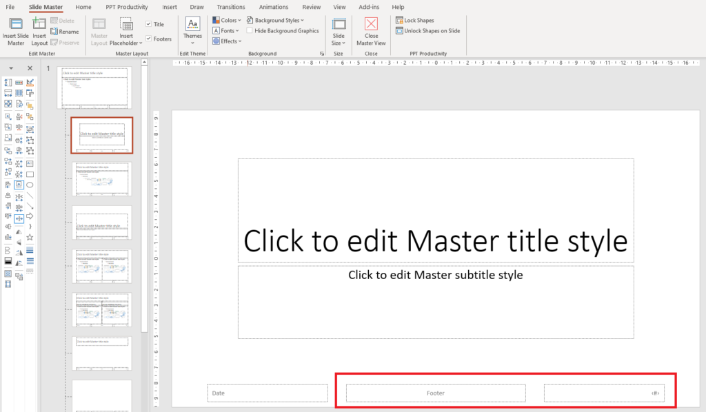 강조 표시된 PPT 슬라이드 마스터 보기