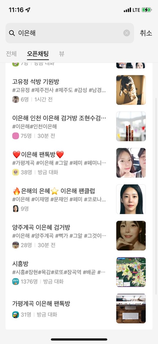 이은해 옹호 카톡 단톡방, 이은해 팬톡방, 은해의 은혜 이은해 팬클럽, 가평계곡 이은해 팬톡방 등.