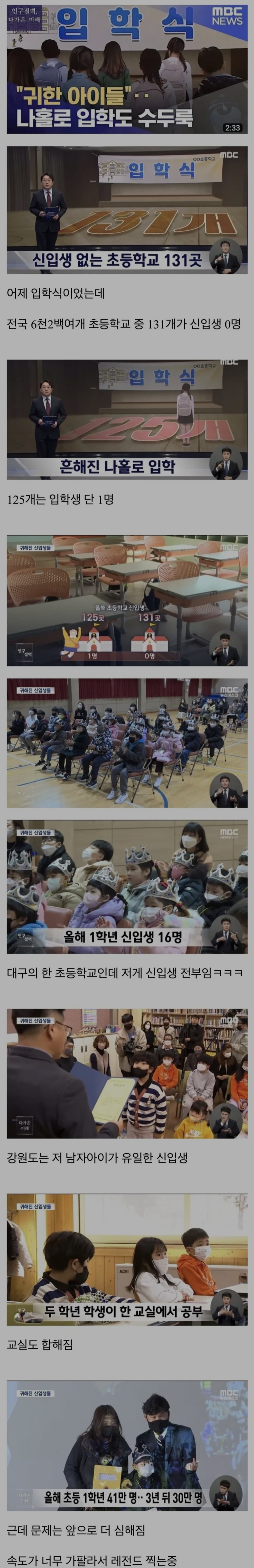  초등학교 입학생 인구 폭망 레전드 찍는 중