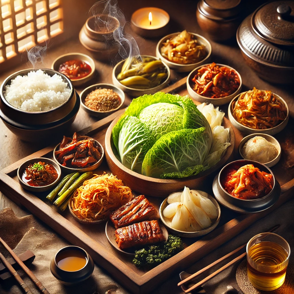 양배추 김치를 중심으로 한 한국식 한상차림, 밥과 고기, 다양한 반찬들이 함께 어우러진 모습.