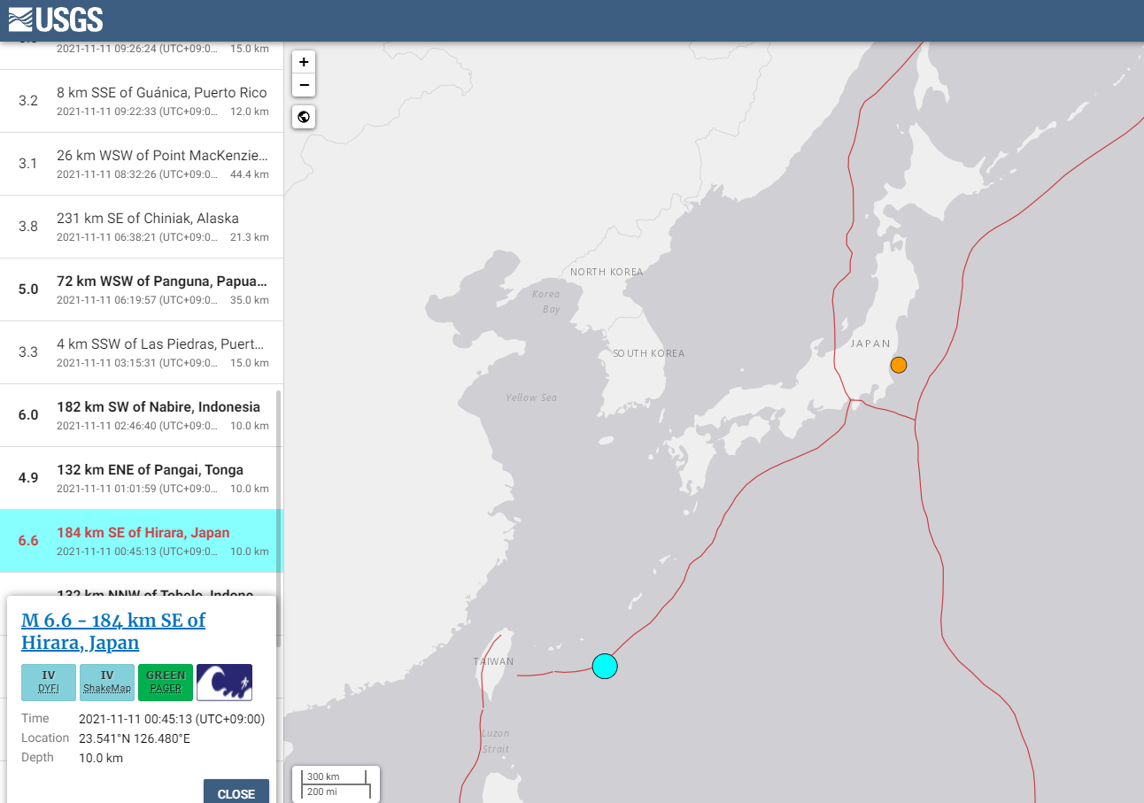 미국지질조사국(USGS) 11월 11일 발생한 일본 오키나와 지진 발생 정보