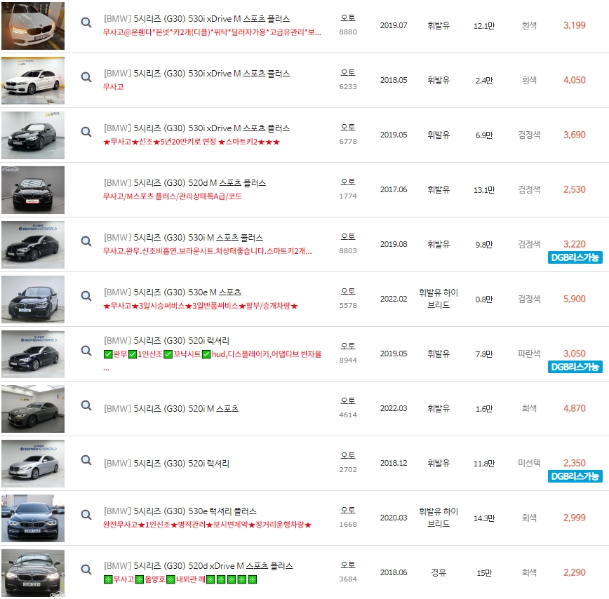 BMW 5시리즈 G30 중고차 전산 가격은 최저가 1&#44;750만원 부터 ~ 최고가 8&#44;836만원