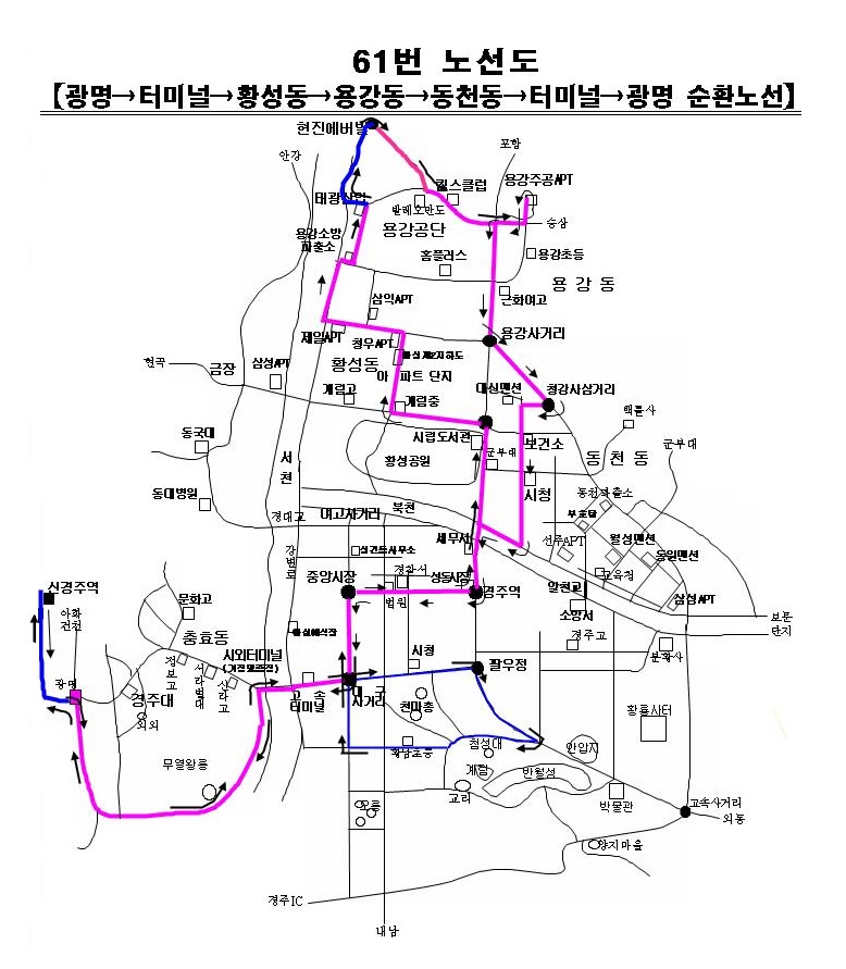 경주 61번 시내버스 좌석버스 시간표 요금 배차간격 노선 SRT KTX 신경주역&hArr;고속터미널&hArr;경주역&hArr;SRT KTX 신경주역 순환노선 정보.