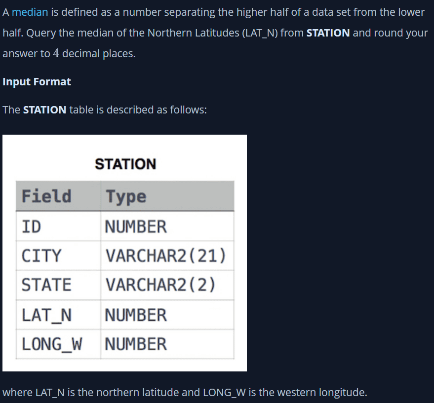 HackerRank(해커랭크)-MySQL-Weather-Observation-Station-20-문제-샘플-설명