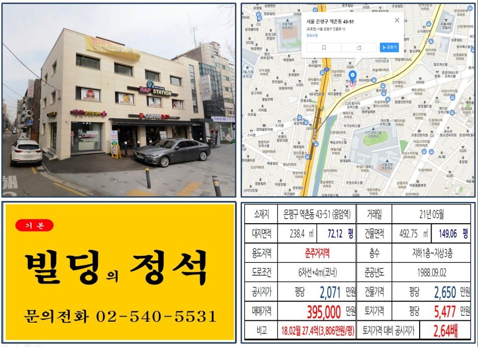  [은평구 은평이마트 준주거지역 30억 올근생 꼬마빌딩 실거래가 조회] 역촌동 43-51 (응암역) 39.5억 원, 평당 5,477만 원 매매되었습니다.