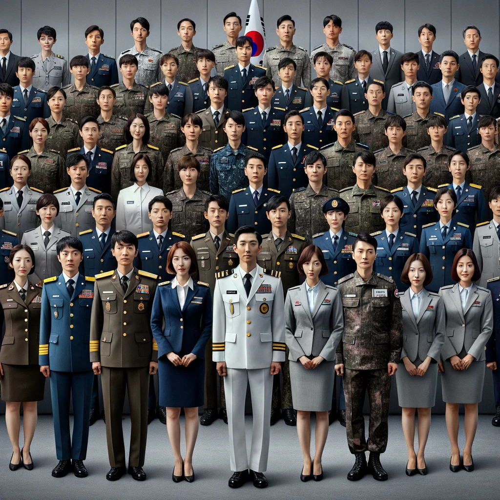 군인 계급과 공무원 직급 비교 위 이미지는 한국의 군인과 공무원들이 공식적인 환경에서 함께 서 있는 모습을 보여줍니다. 남녀가 각각 동일한 비율로 포함되어 있으며, 군인은 다양한 계급과 역할을 나타내는 표준 한국군 군복을 입고 있습니다. 이들 중에는 육군, 해군, 공군 등 다양한 군의 부문을 대표하는 군복이 혼합되어 있습니다. 공무원들 역시 남녀 모두 정부 사무소 환경에 적합한 전문적인 복장을 하고 있습니다. 이 이미지는 군인과 공무원이 한국에서의 군과 민간 부문 간의 협력과 파트너십을 상징하며 균형있게 구성되어 있습니다.
