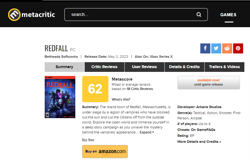 레드폴(Redfall) 메타크리틱 리뷰 점수 및 리뷰 번역. 레드폴(Redfall) 메타크리틱 리뷰 점수 및 리뷰 번역.
