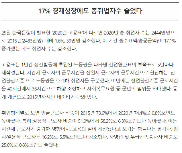 취업유발계수가 줄어들고 있다는 기사 내용.