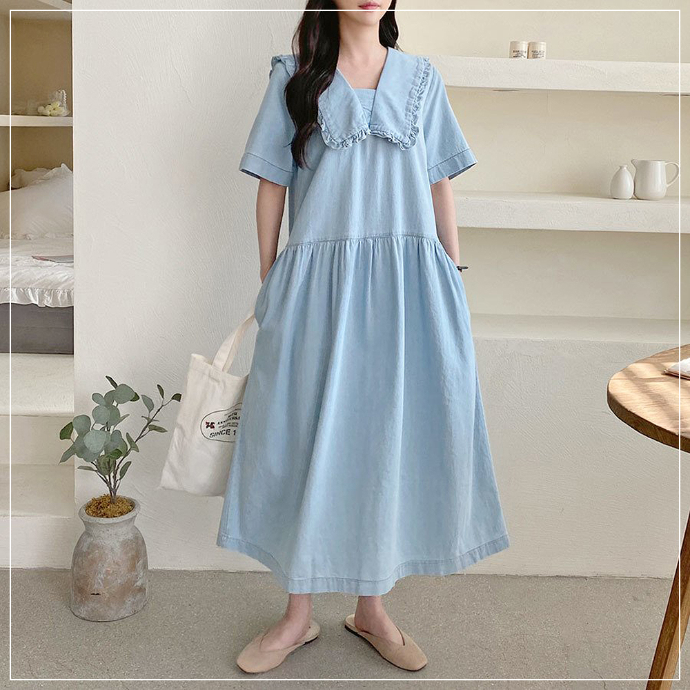  원앤맘 봄 여름 세일러 데님 원피스 반팔 데님 원피스 청원피스 2COLOR