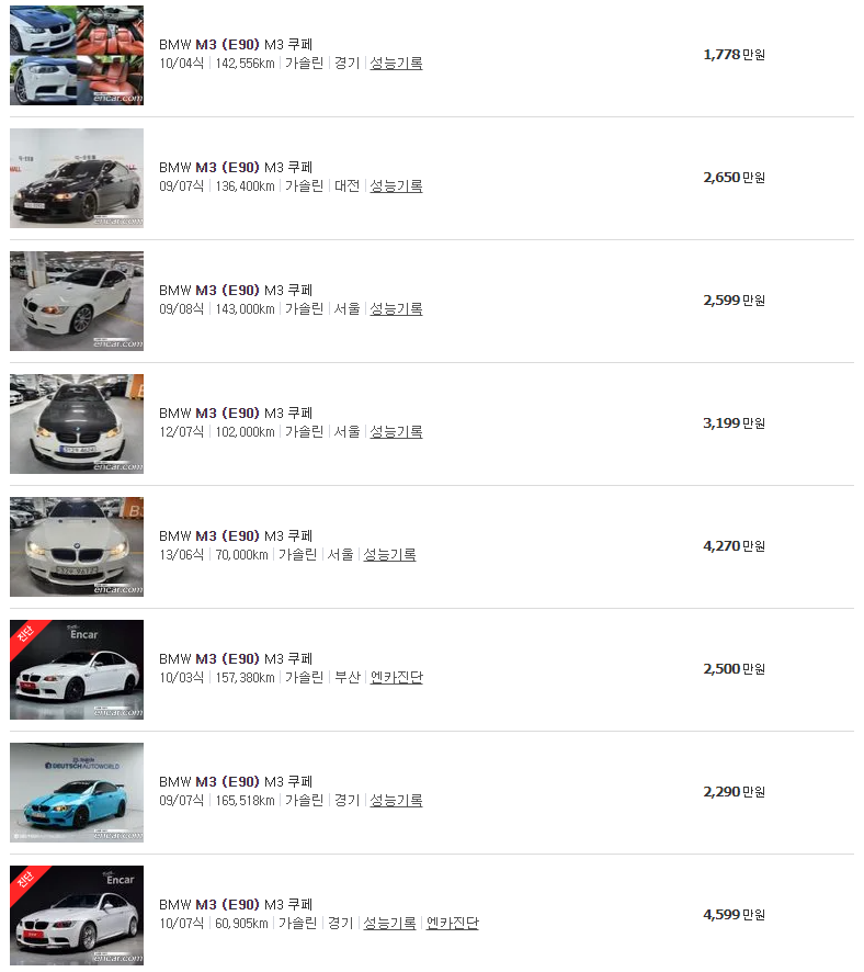 BMW M3 (E90)(07~13년식) 중고차 가격