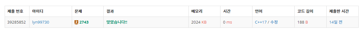 백준 BOJ 2743번 단어 길이 재기 문제 C++ 제출 결과