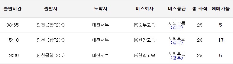대전서남부 인천공항버스 시간표