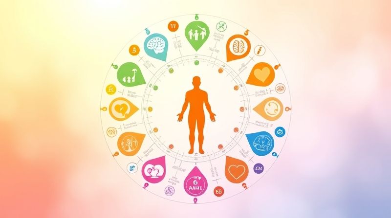 신체적, 인지적, 사회적, 정서적 발달의 다양한 측면을 상징하는 상호 연결된 아이콘이 있는 원형 다이어그램