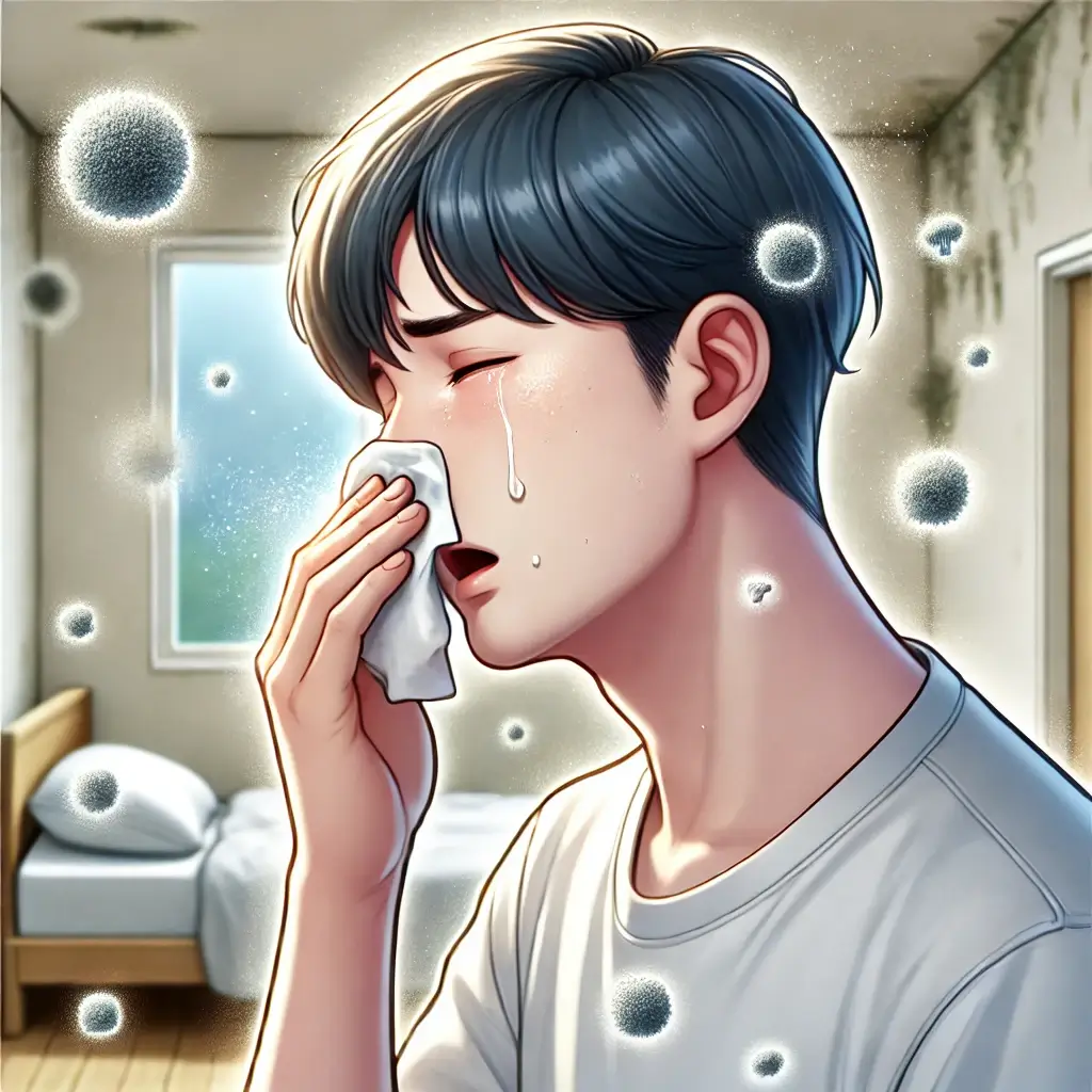 곰팡이 포자가 떠다니는 방에서 곰팡이 알레르기 반응으로 재채기하는 모습