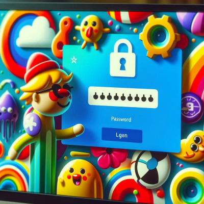 애니메이션 캐릭터와 함께한 컴퓨터 로그인 화면