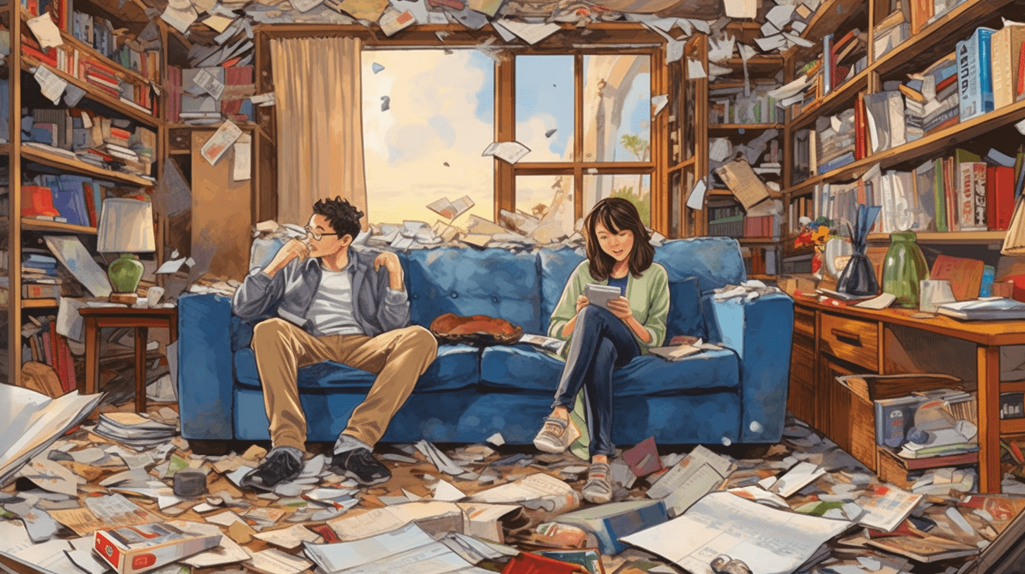 A picture of a man and a woman sitting on a sofa in the living room during an earthquake.