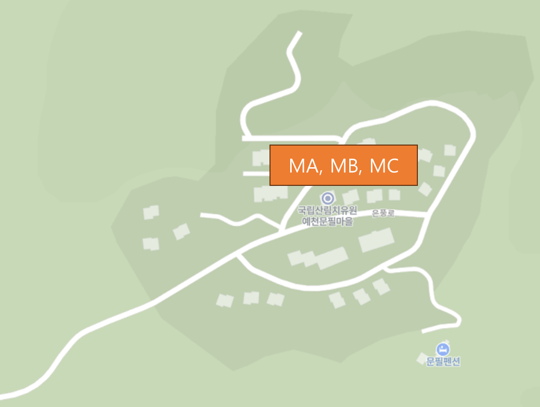 국립산림치유원-MA-MB-MC-숙소별-위치-이미지