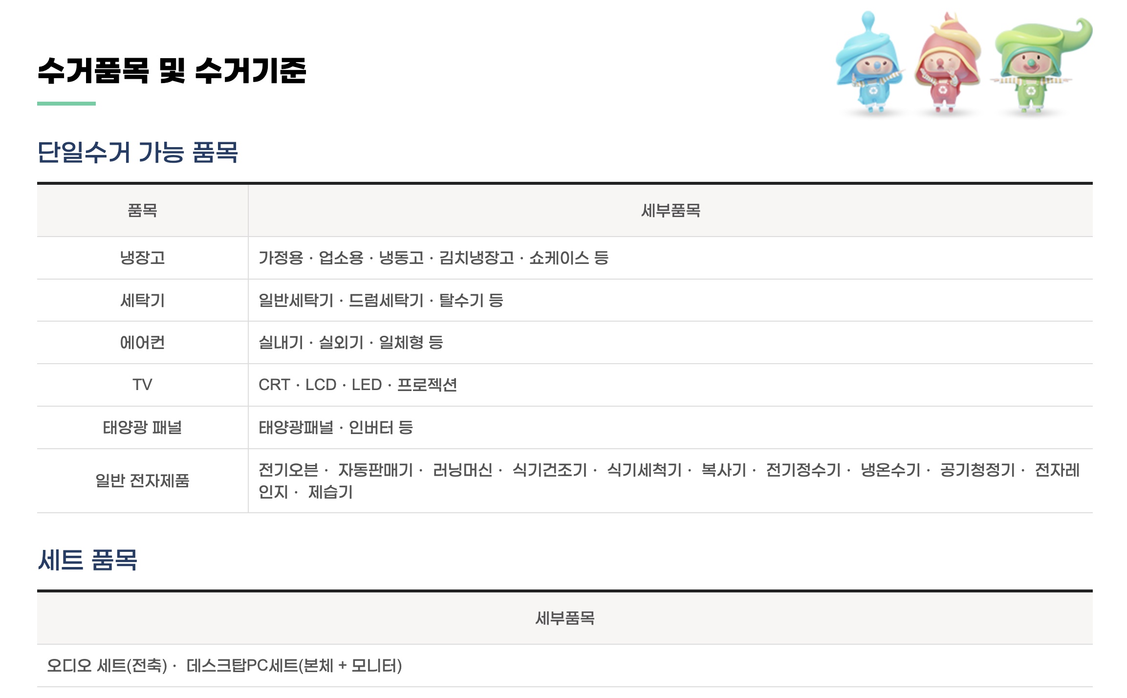 생활쓰레기 무상수거항목 및 수거기준