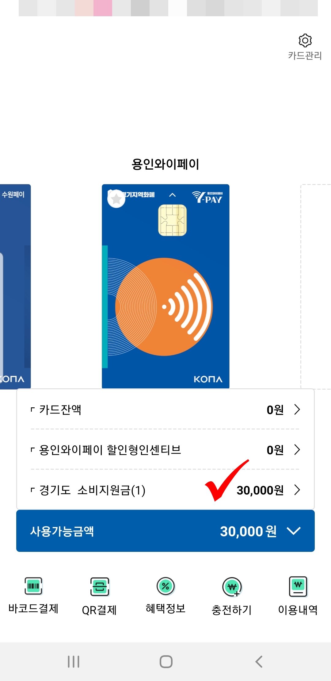  경기지역화폐 소비지원금 지급 완료 (3만원 입금)