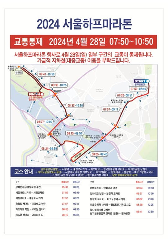 2024 서울하프마라톤 교통통제 안내문