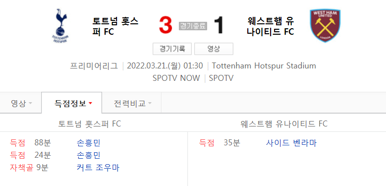  21/22 시즌 EPL 30라운드 - 토트넘 VS 웨스트햄 경기 (손흥민 리그 12호 ~ 13호골 영상)