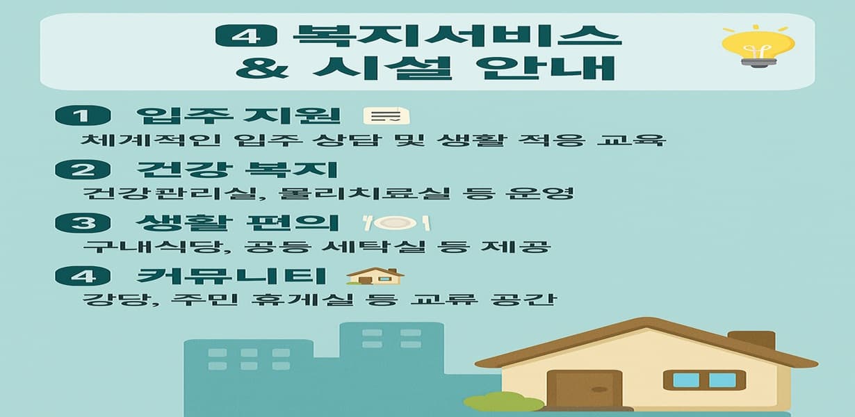 노인복지주택의 복지서비스 및 시설 안내 인포그래픽. 입주 지원, 건강 복지, 생활 편의, 커뮤니티 공간 등 4개 항목으로 구성.
