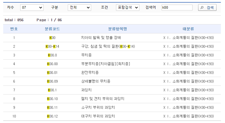  질병분류코드 검색 찾기