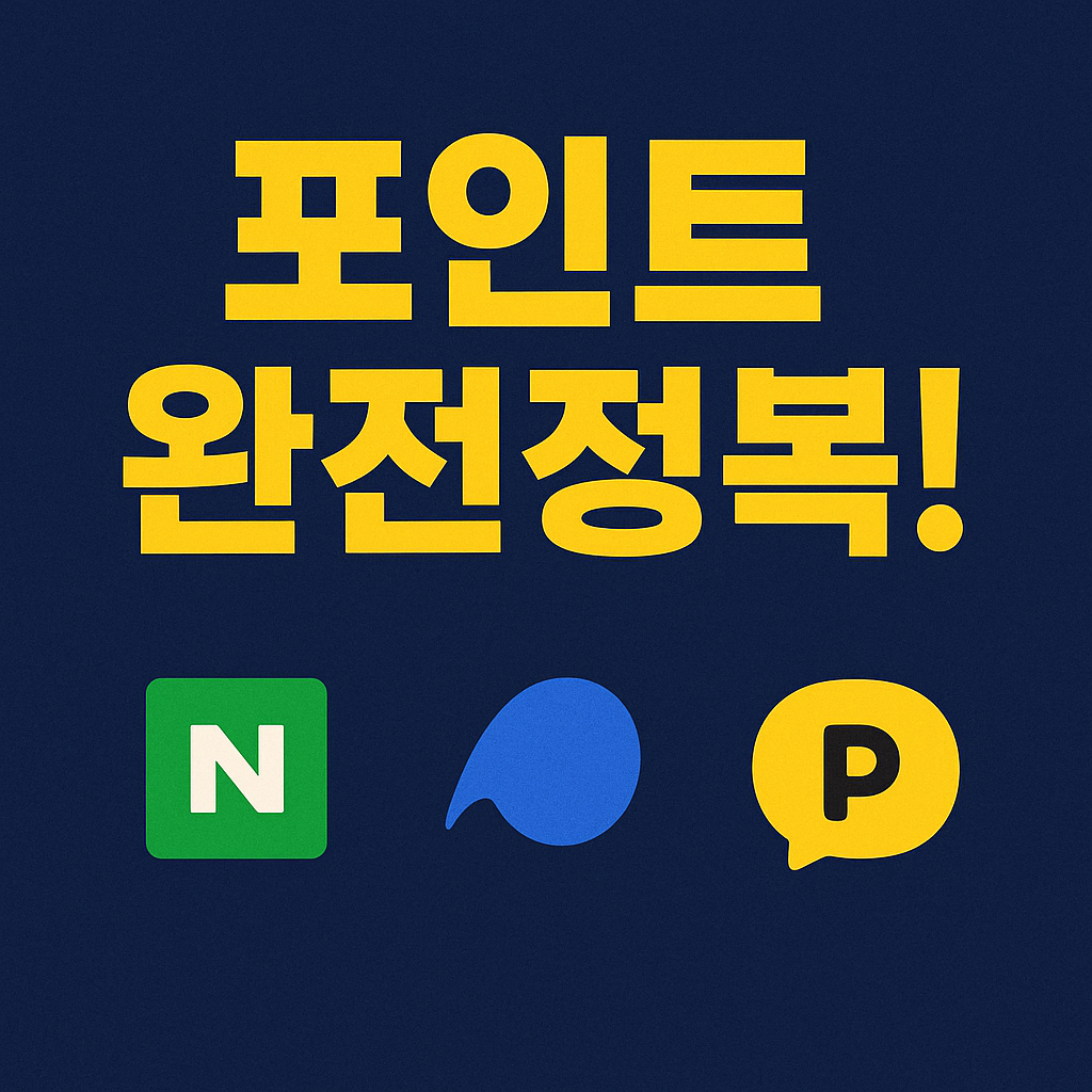 진한 남색 배경 위에 밝은 노란 텍스트 ‘포인트 완전정복!’ 상단에 배치되고, 아래에 네이버페이·토스·카카오페이 로고 아이콘이 정렬된 2D 일러스트 썸네일 이미지
