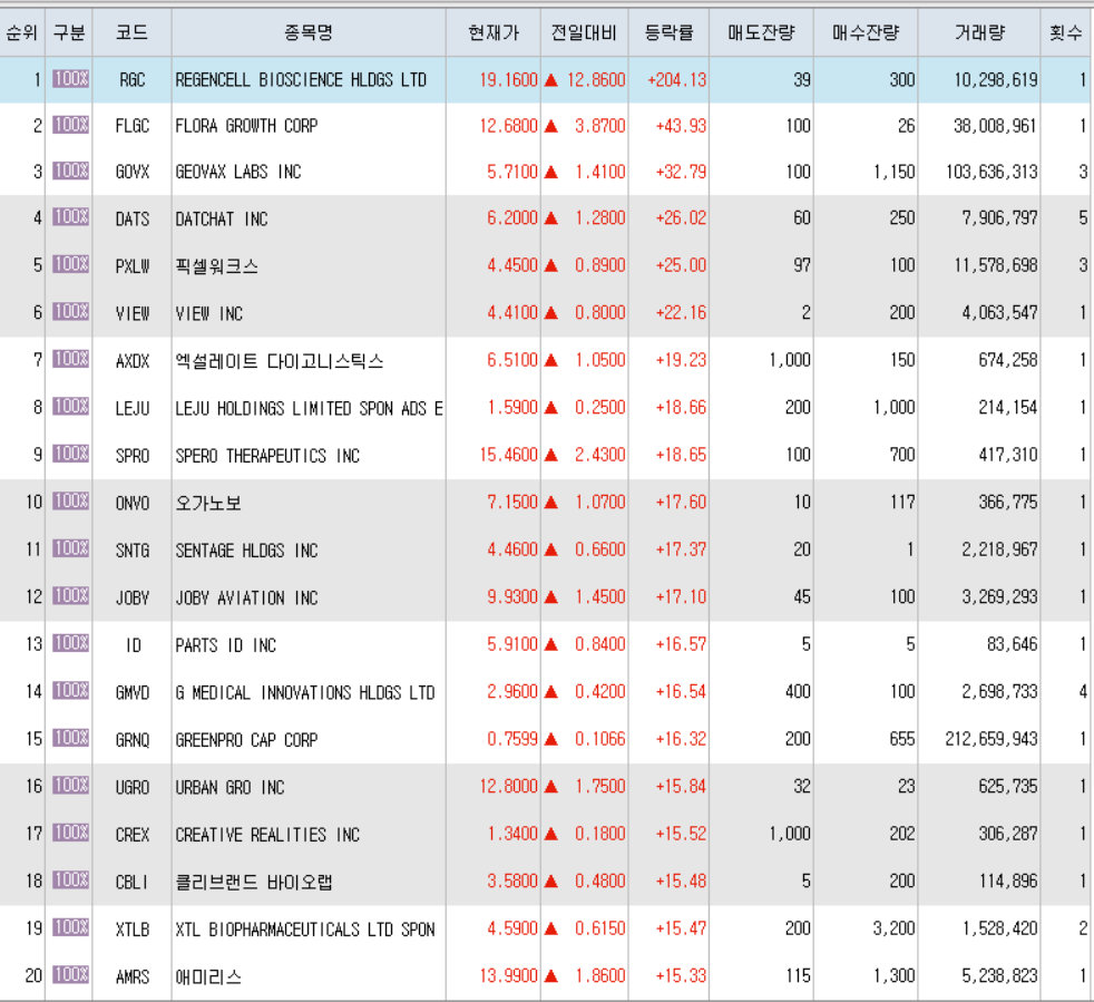  8월20일 미국주식 상승률 상위 종목 TOP 300