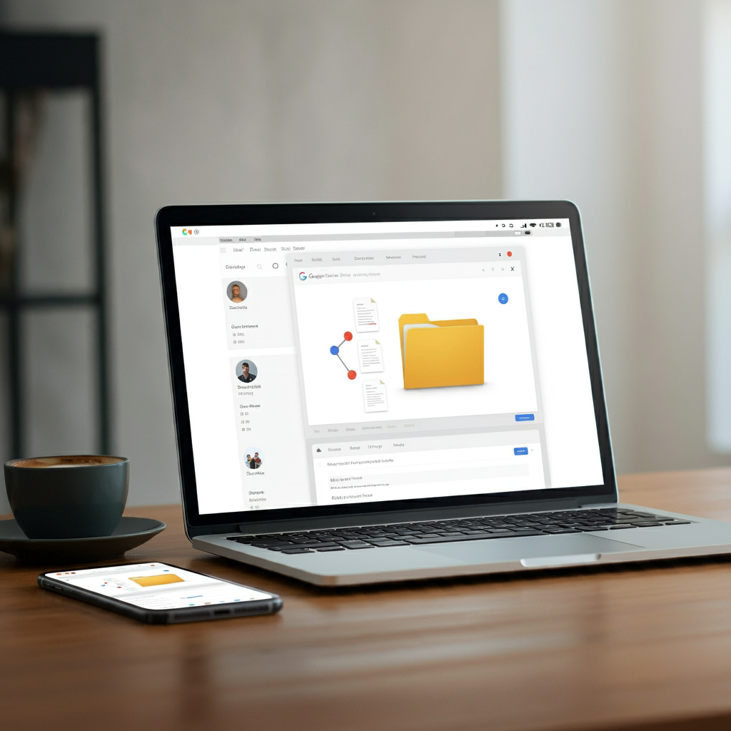 구글 드라이브에서 파일 공유 화면이 표시된 노트북이 책상 위에 놓여 있고, 옆에는 구글 드라이브 모바일 앱이 열린 스마트폰이 놓인 작업 공간