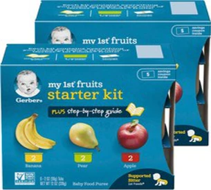 거버 마이 1st 프루트 스타터 어린이 과일퓨레 56g 6개입 + 스텝-바이-스텝 가이드 키트&#44; 2개&#44; 바나나(Banana) 배(Pear) 사과(Apple)