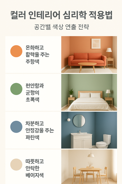 컬러 인테리어 심리학 적용법과 공간별 색상에 관련 사진.