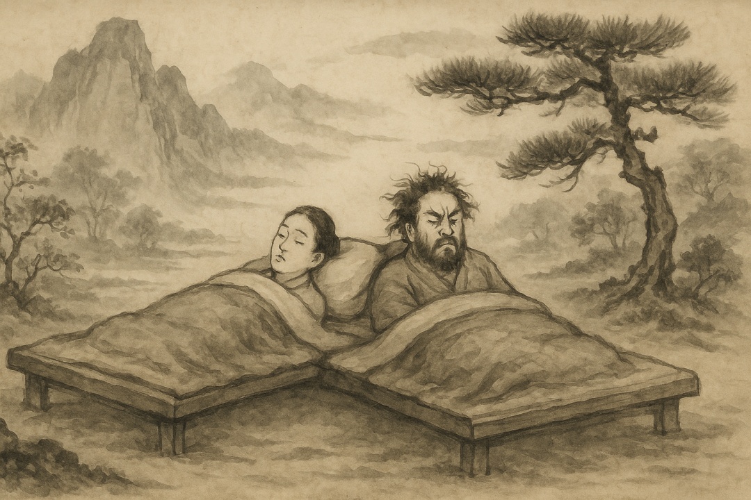 동양 산수화 스타일의 수묵화에서 두 사람이 같은 침대에 누워 서로 다른 표정을 짓고 있는 모습. 왼쪽 인물은 평온하게 잠든 얼굴이고, 오른쪽 인물은 찡그린 얼굴로 불만스러운 표정을 하고 있다. 배경에는 안개 낀 산과 소나무가 그려져 있으며, 전체적으로 고요하고 은은한 분위기를 자아낸다.