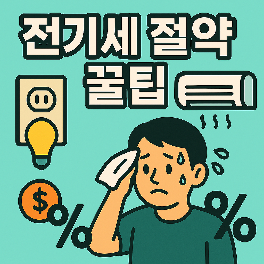 고대비 텍스트 ‘전기세 절약 꿀팁’과 함께 전기 콘센트, 에어컨, 전구, 퍼센트 아이콘과 땀 흘리는 캐릭터가 포함된 2D 일러스트 썸네일 이미지