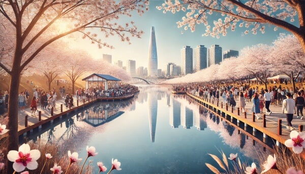 활짝핀 벚꽃길을 걷는 사람들 이미지