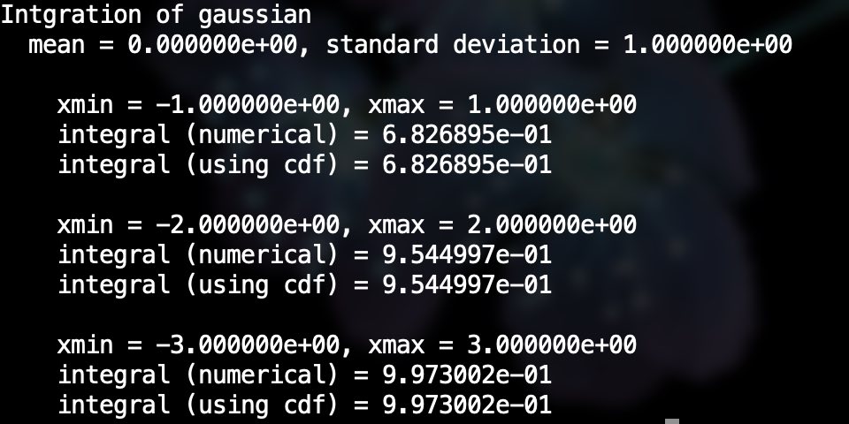 screenshot of terminal console&#44; showing execution of an example program to evaluate integration of gaussian function.