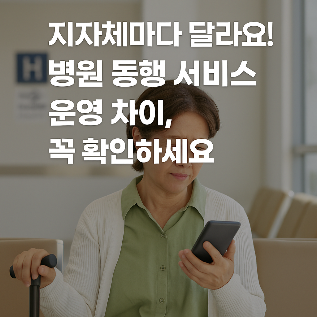 중년 여성이 병원 대기실에서 병원 동행 서비스 신청 정보를 스마트폰으로 확인하는 모습