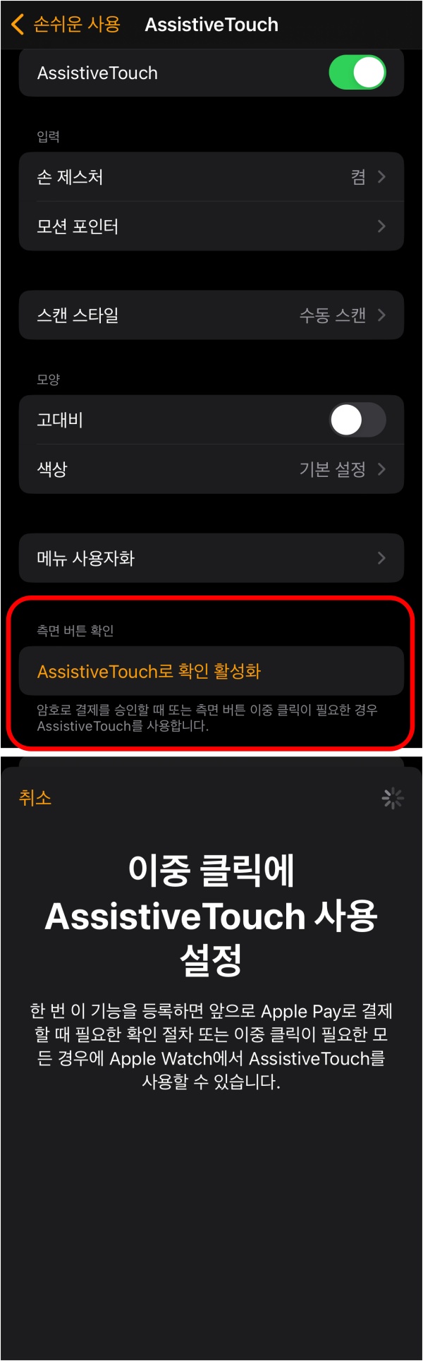 애플워치 Assistive touch로 확인 활성화