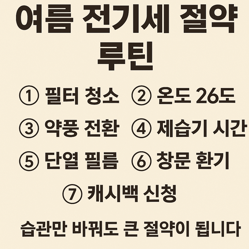 여름 전기세 절약 루틴 – 7가지 습관 요약, 필터 청소부터 캐시백 신청까지 핵심 정리