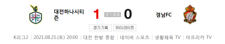  K리그2 / 국내축구 - 대전 VS 경남 (1 - 0) 2021시즌 26라운드 하이라이트 (2021년 8월 21일)