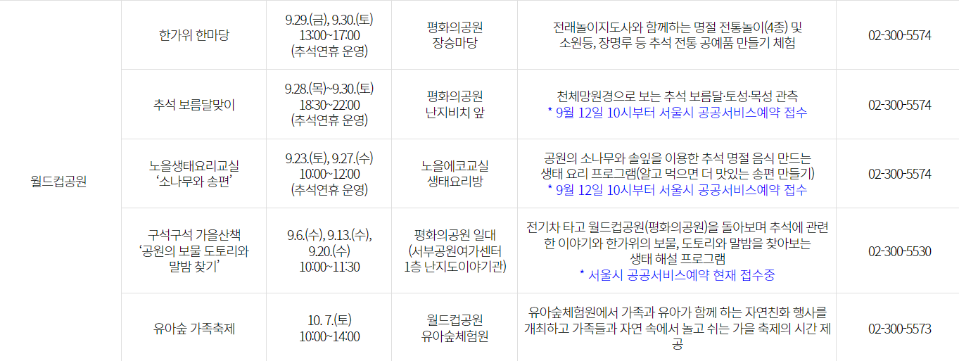 월드컵 공원 추석 행사 프로그램 안내 연락처, 장소, 일시