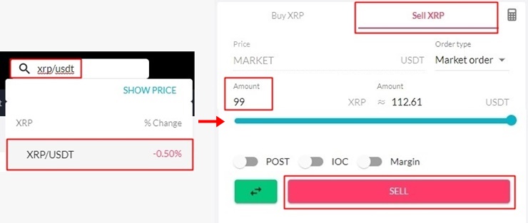 FTX 거래소에서 XRPUSDT를 검색하고 매도하는 과정을 보여주고 있음