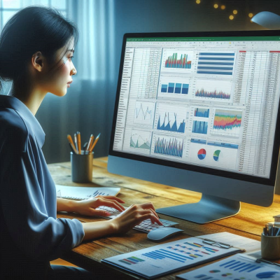 데이터 분석 화면을 살펴보는 사람.