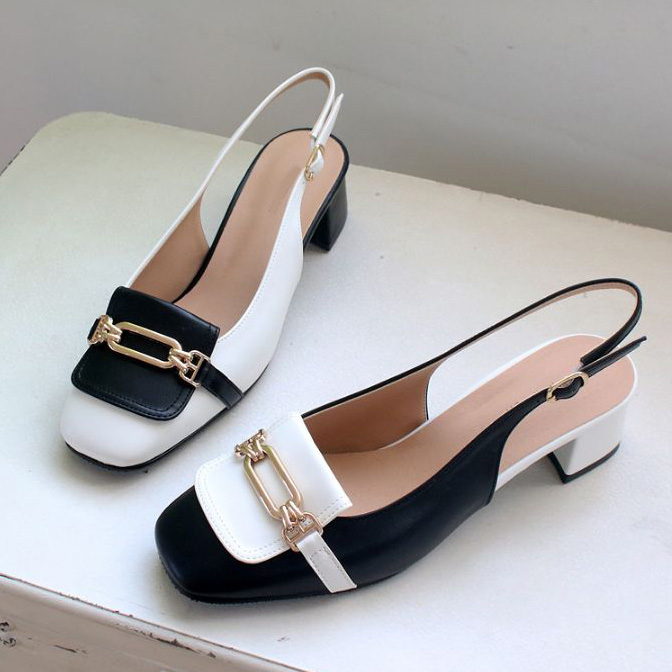  비조콤비 블랙화이트 5cm 하이힐 슬링백 샌들