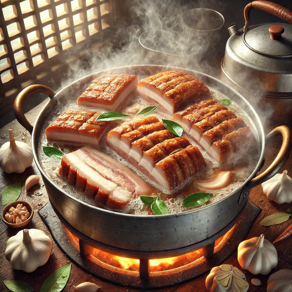 삼겹살을 사용한 보쌈 고기 삶는 장면