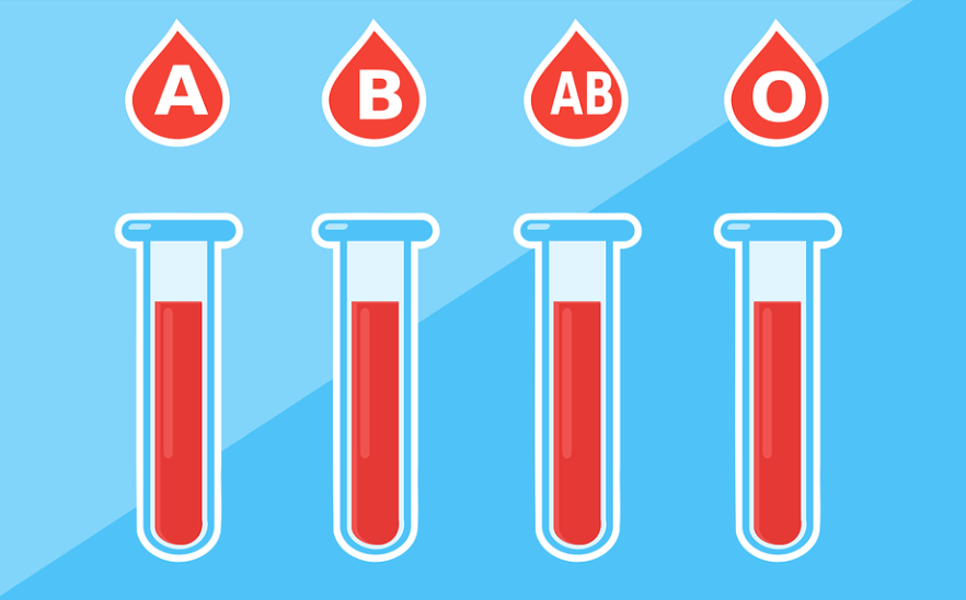 각 혈액형 A. B. AB. O형을 물방울과 물병으로 표현하고 있다